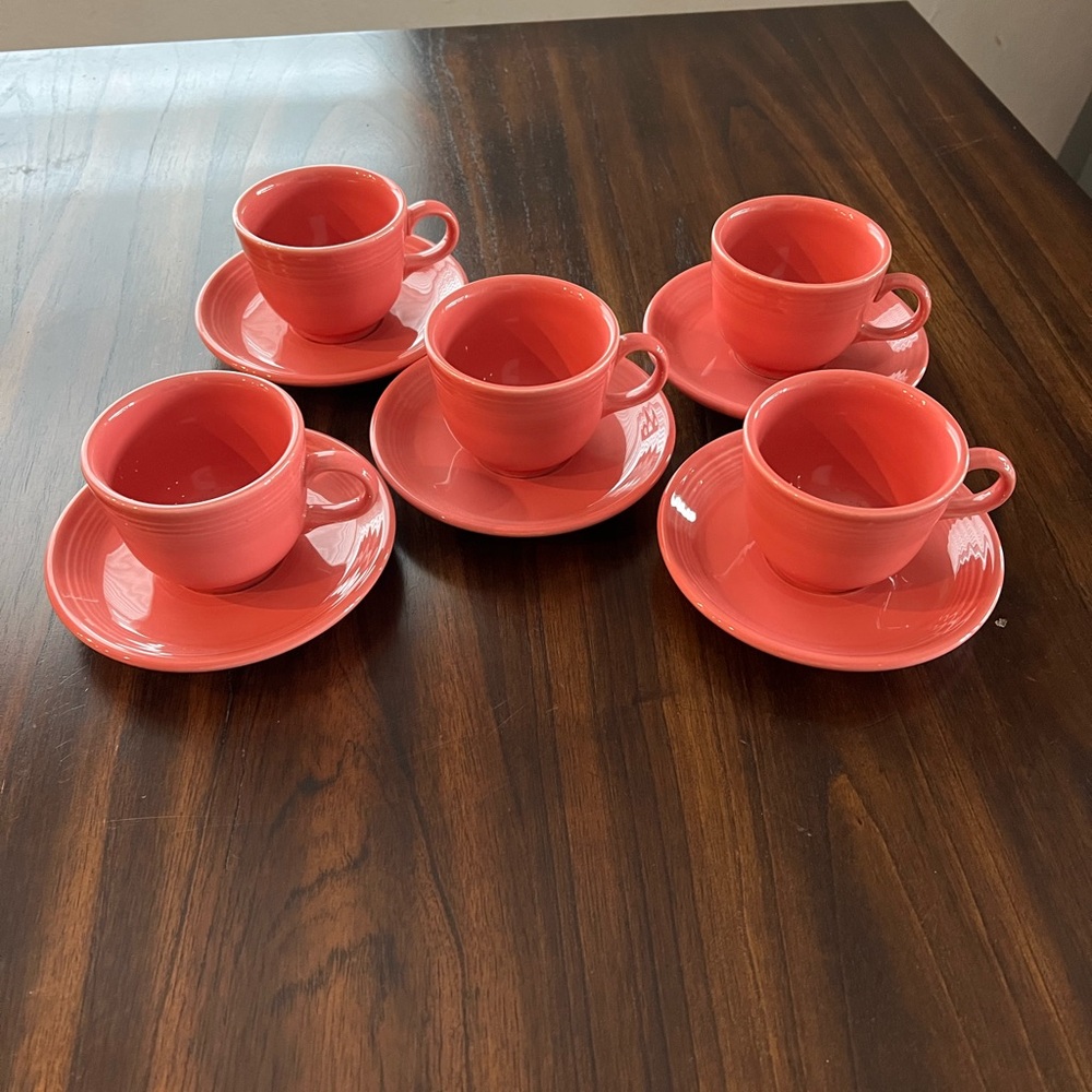 Fiestaware Flamingo tea cups and saucers set of 5